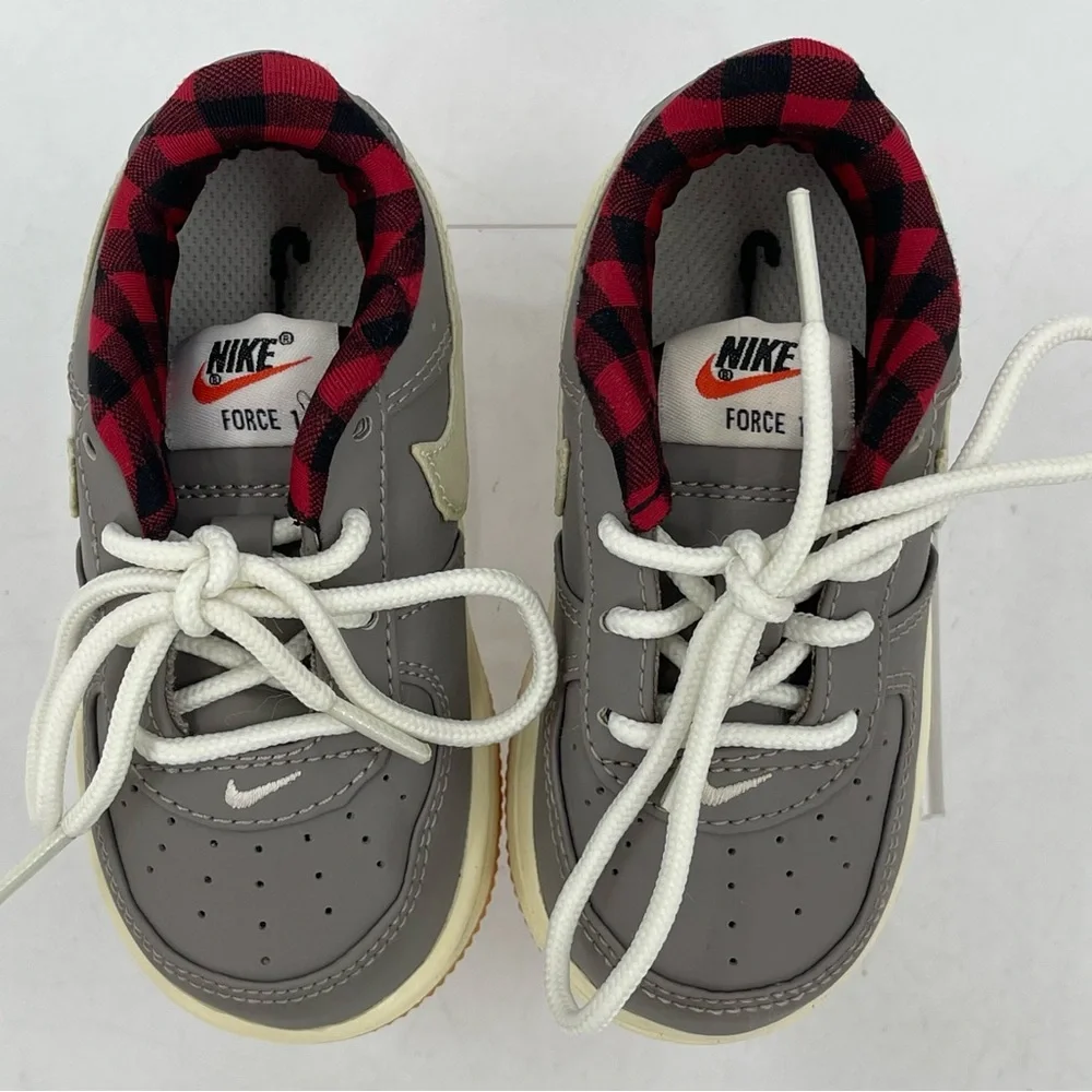 Nike Force 1 Gray Leather w/ Red Buffalo Plaid 874379-200 Toddler Size 6C * READ